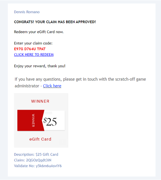 eGift Card Email Notifier to Winners.